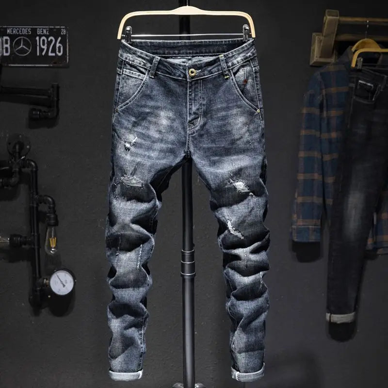 American Elastic Straight Jeans Men Ripped Worn-out Slim-fit Cotton Denim Pants Korean Style Fashion Trousers Men's Clothing