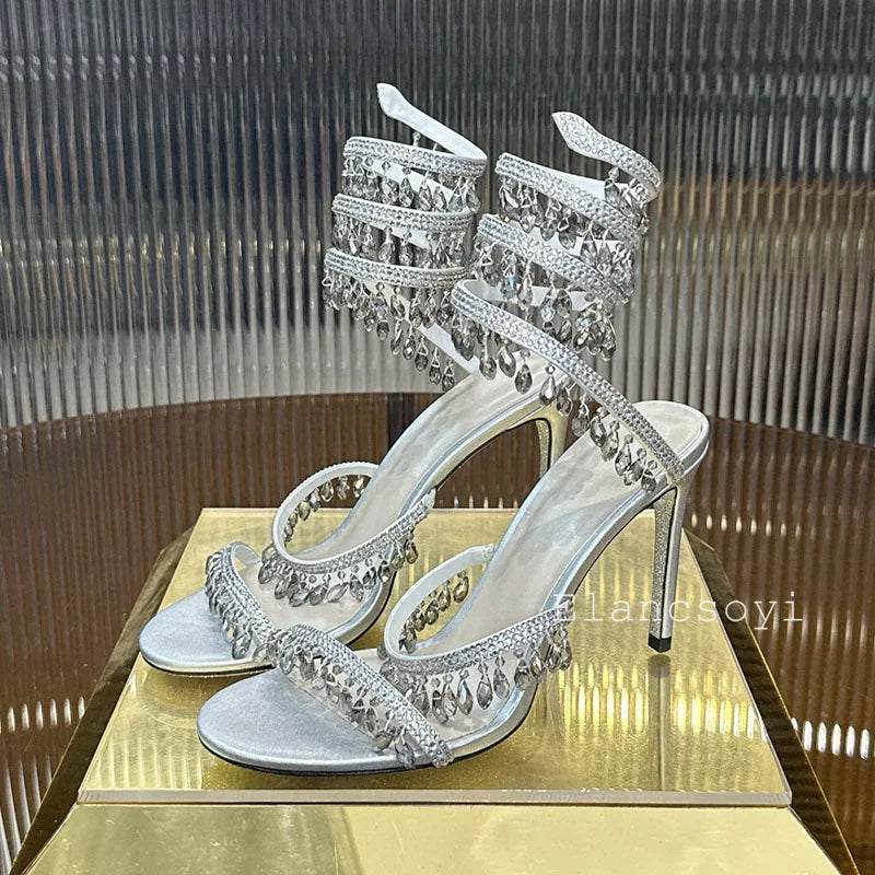 High Heels Sandals Women Shiny Crystal Pendant Ankle Snake Twine Around Prom Shoes Summer Fashion Stiletto Bohemian Sandalias