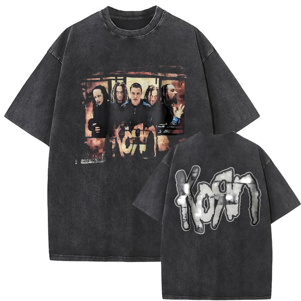 New Washed Vintage Alternative Nu Metal Rock Band Korn Print Tshirt Men Oversized T-shirts Male Fashion T Shirts Y2k Streetwear