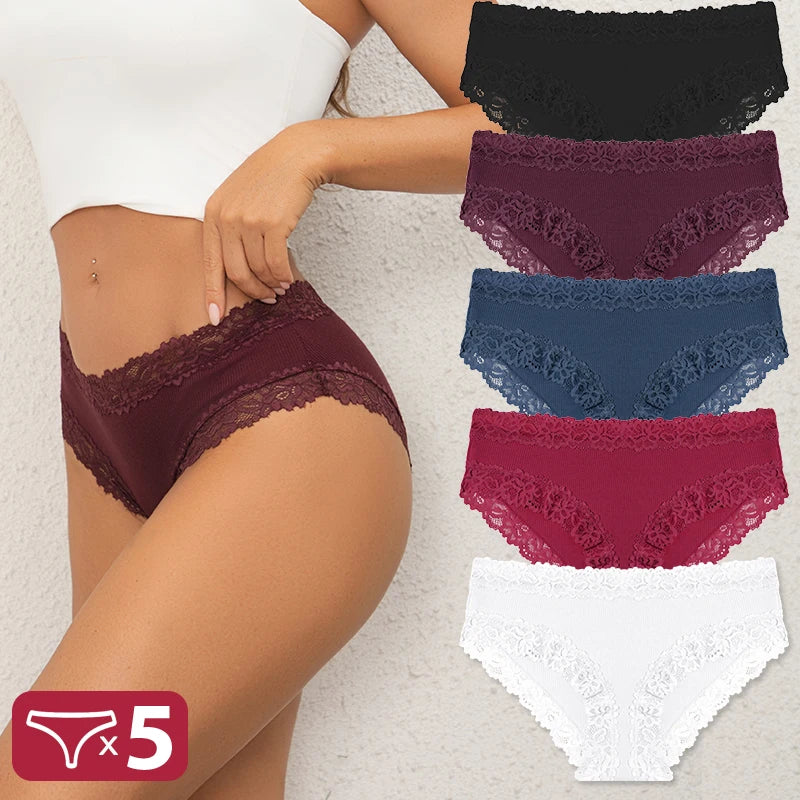 5Pcs Sexy Cotton Lace Panty Women Low Waist Panties Underwear S-XL Solid Color Ladies Briefs Lingere Underware Comfortable Women