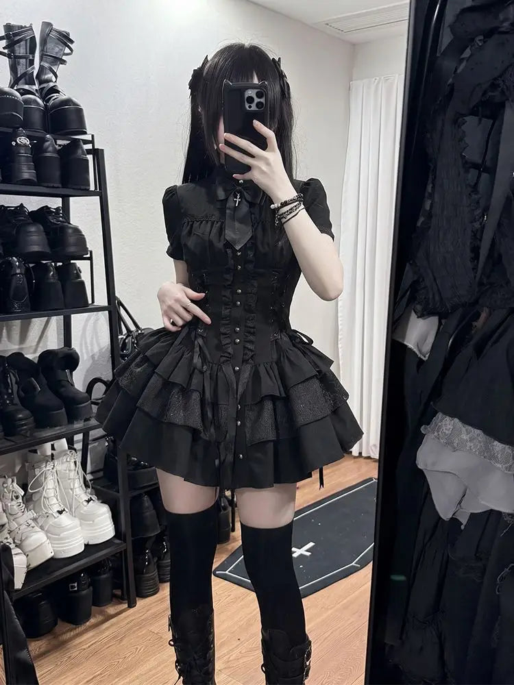 Gothic New Y2k Summer Elegant Dress Women Designer Vintage Aesthetic Skinny Bow Black Spicy Girl A-shaped Dresses Female 2026