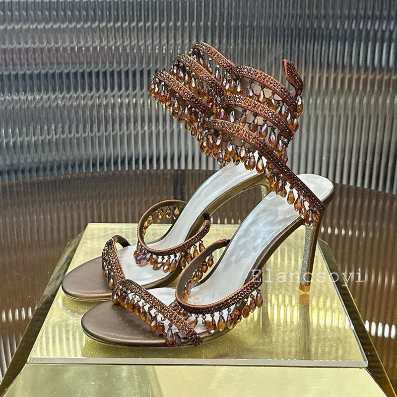 High Heels Sandals Women Shiny Crystal Pendant Ankle Snake Twine Around Prom Shoes Summer Fashion Stiletto Bohemian Sandalias