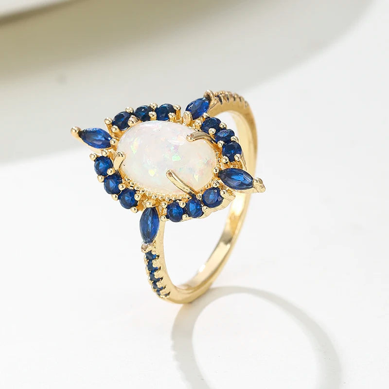 Luxury Oval Fire Opal Ring with Blue Zircon Silver Color Vintage Engagement Wedding Promise Ring for Women Fine Jewelry Gift