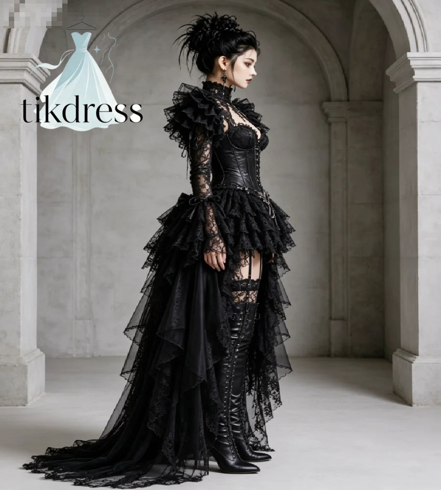 Black Gothic Hi Low Evening Dress 2027 Victorian Goth Costume Long Sleeve Lace Ruffle Tiered Prom Gown Fantasy Halloween Cosplay