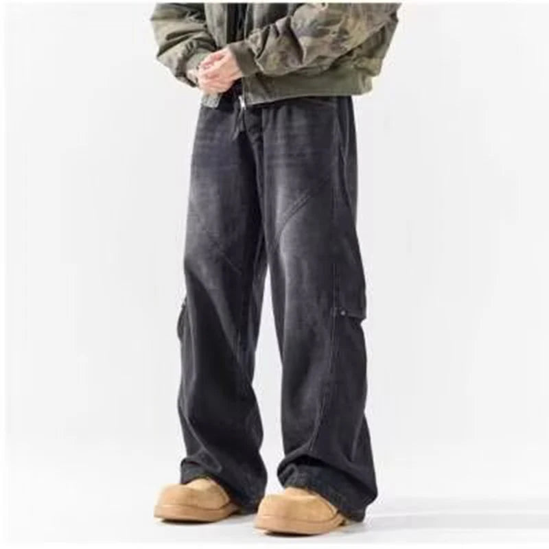 Men Fashion Retro Smoke Grey Elastic Waist Jeans Classic American Style Straight Leg Loose Male Denim Pants Wide Leg Trousers