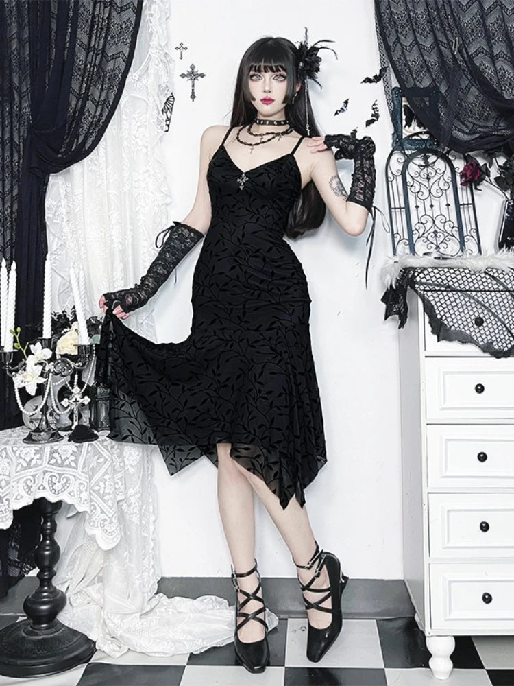 AltGoth Fairycore Grunge Gothic Flocking Dress Women Dark Vintage Elegant Spaghetti Strap High Waist Irregular Hem Dress Female
