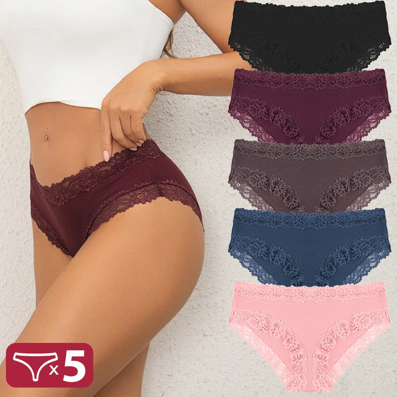 5Pcs Sexy Cotton Lace Panty Women Low Waist Panties Underwear S-XL Solid Color Ladies Briefs Lingere Underware Comfortable Women