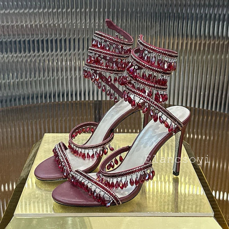 High Heels Sandals Women Shiny Crystal Pendant Ankle Snake Twine Around Prom Shoes Summer Fashion Stiletto Bohemian Sandalias