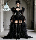 Black Gothic Hi Low Evening Dress 2027 Victorian Goth Costume Long Sleeve Lace Ruffle Tiered Prom Gown Fantasy Halloween Cosplay
