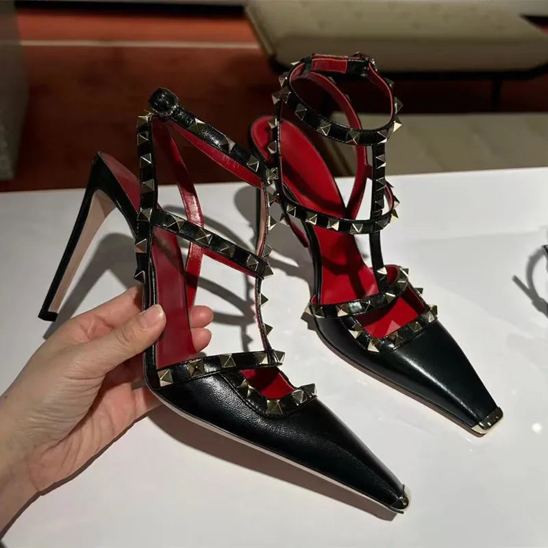 Summer Fashion Square toe Rivet Women Pumps Sexy Narrow Band Mary Janes Slingbacks High heels Chic Party Dress Sandals Shoes