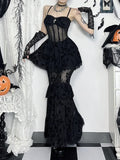 AltGoth Fairycore Grunge Gothic Midi Dress Women Streetwear  Sexy Aesthetic Spaghetti Strap Flocking See Through Corset Dresses