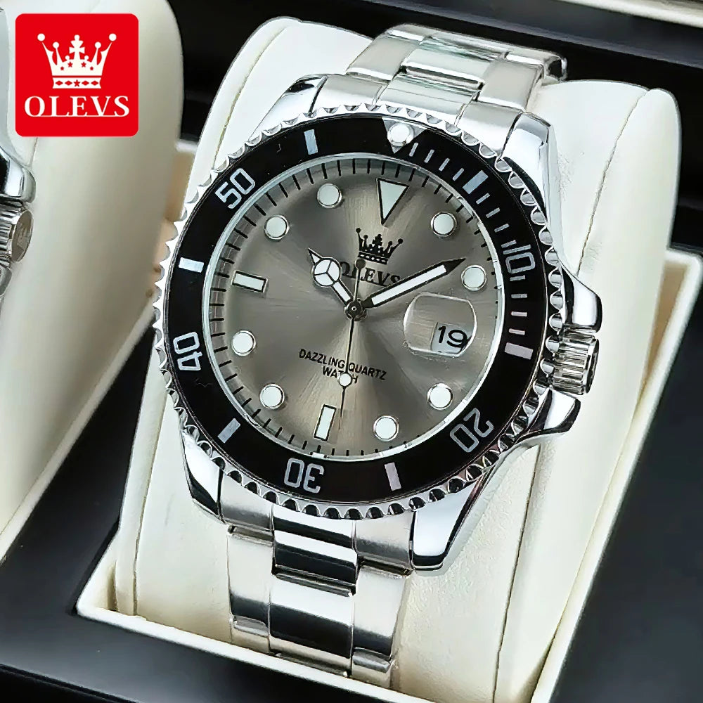 OLEVS Men's Watches Classic Luxury Fine Steel Strap Big Date Original Quartz Wristwatch for Man Waterproof Luminous Trend Dress