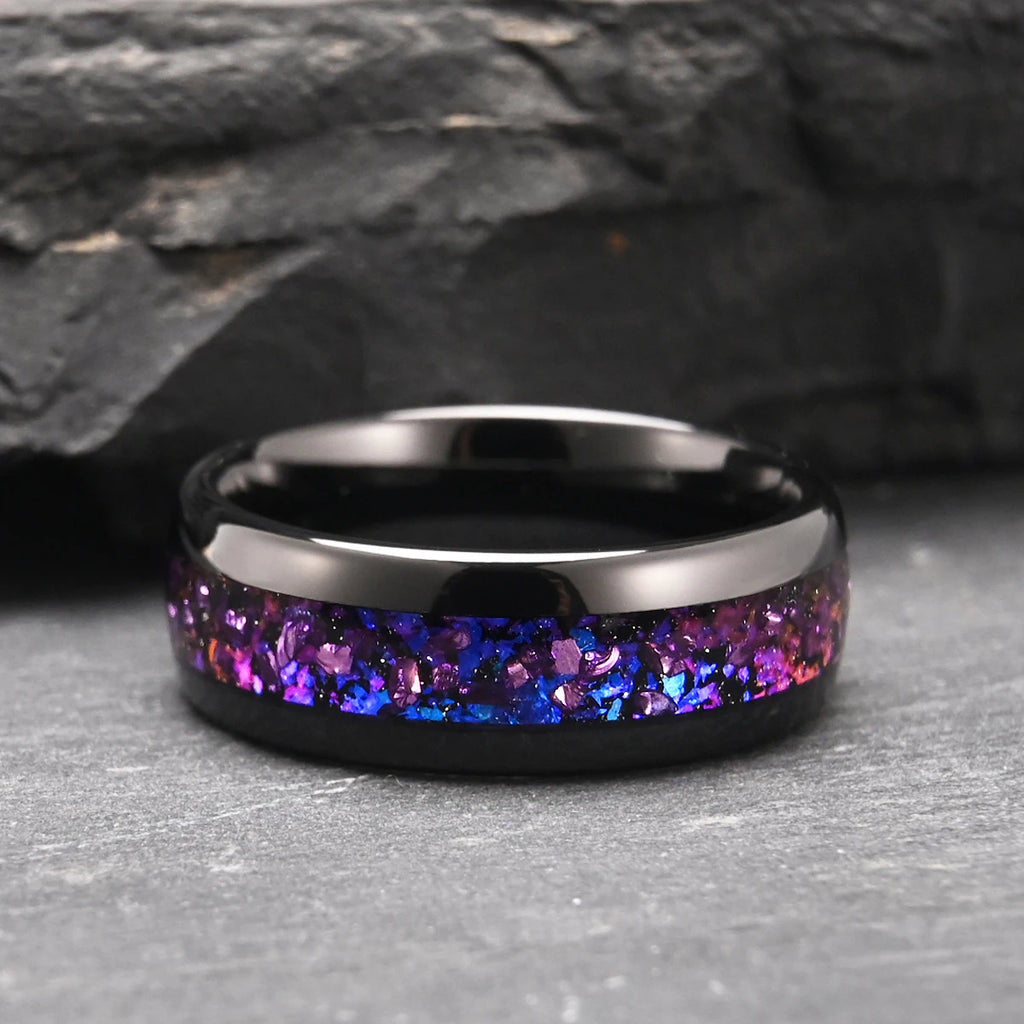 Mens Tungsten Carbide Ring Amethyst Inlay Black Wedding Band Engagement Promise Jewelry Gift 8MM Width Durable For Men DailyWear