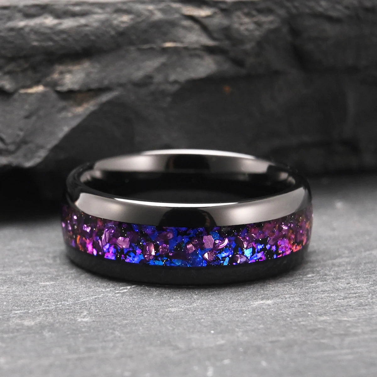 Mens Tungsten Carbide Ring Amethyst Inlay Black Wedding Band Engagement Promise Jewelry Gift 8MM Width Durable For Men DailyWear