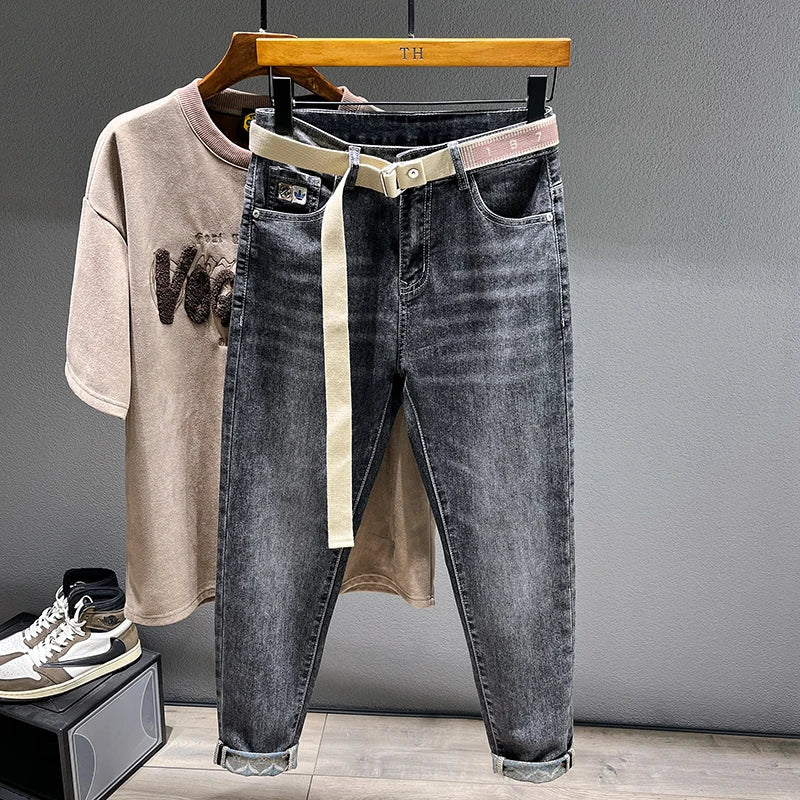 2025 Autumn Men's Stretch Jeans Fashion Tapered Slim Small Feet Ankle Harem Pants Casual Denim Trousers Streetwear Free Belt