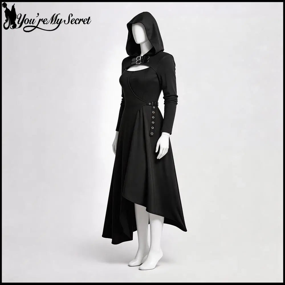 Gothic Hoode Long Dress Women Witch Corset Asymmetrical Hem Dress Punk Style Leather collar Gown Halloween Qeen Stage Costumes