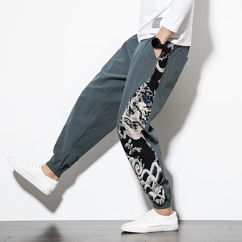 Chinese Style Loose Men's Cotton Linen Pants Male Spring New Breathable Dragon Print Linen Trousers Fitness Streetwear Plus Size