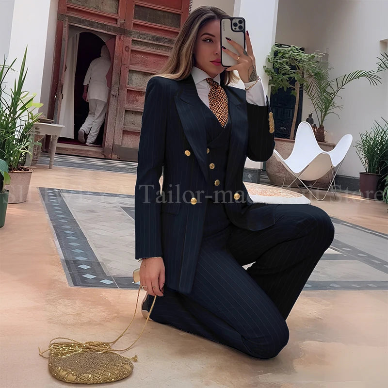 Luxury Green Striped Women Suit Double Breasted 3 Piece Jacket Vest Pants Female Clothing Slim Fit Formal Office Lady Blazer Set