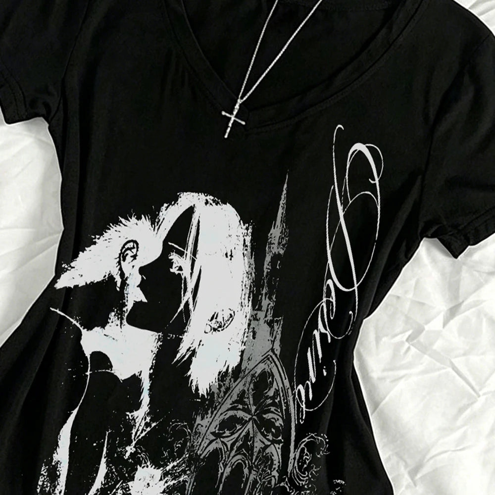 Japanese Y2k Kitty Women's V-neck 2000s Top Emo Women's T-shirt Gothic Pattern T-shirt Y2k Women's Top