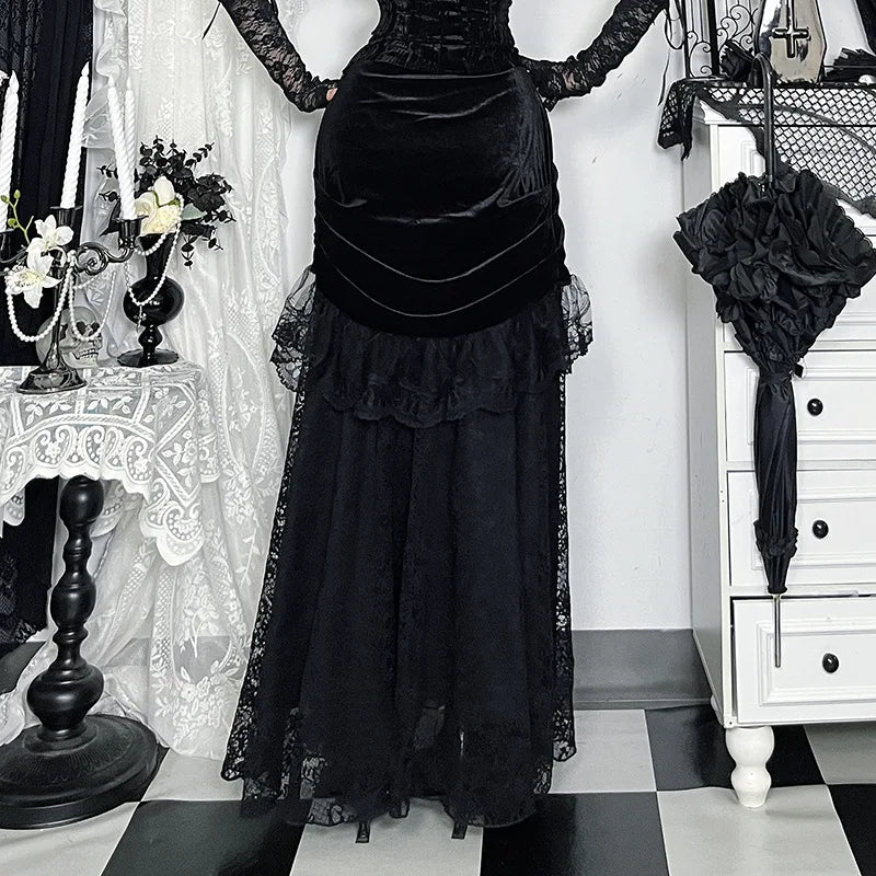 Goth Dark Lace Trim Velvet Maxi Skirts Bottoms Mall Goth Party Halloween Gown Ball Skirts Women Cosplay Lolita Dresses Outfits