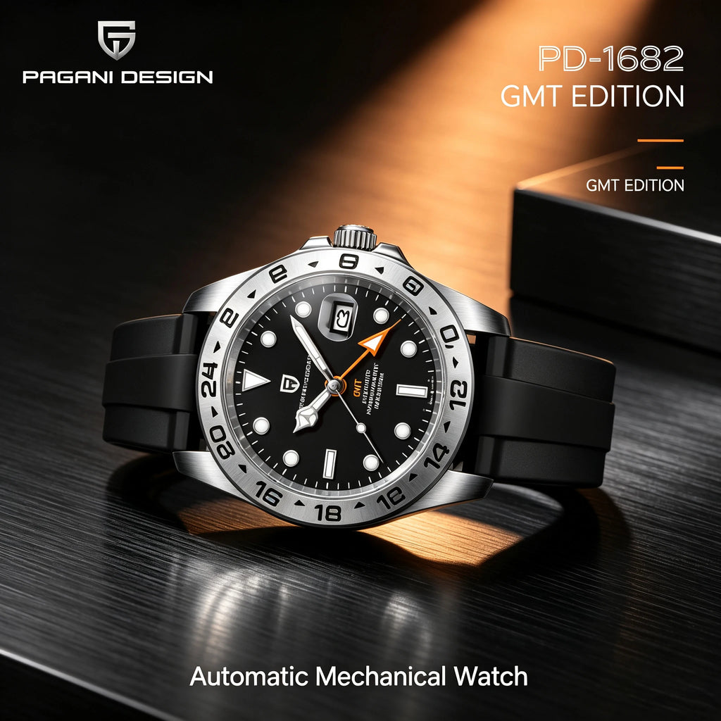 PAGANI DESIGN Automatic GMT Watch DG5833GMT Movement Rubber Strap 100M Waterproof Luminous Men Sports Mechanical Wristwatch