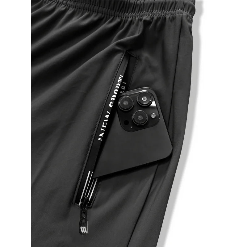 Men's Ice Silk High Elastic Breathable Trousers With Drawstring Zipper Pockets Casual Sports Trousers Gym Sportswear Gift Man