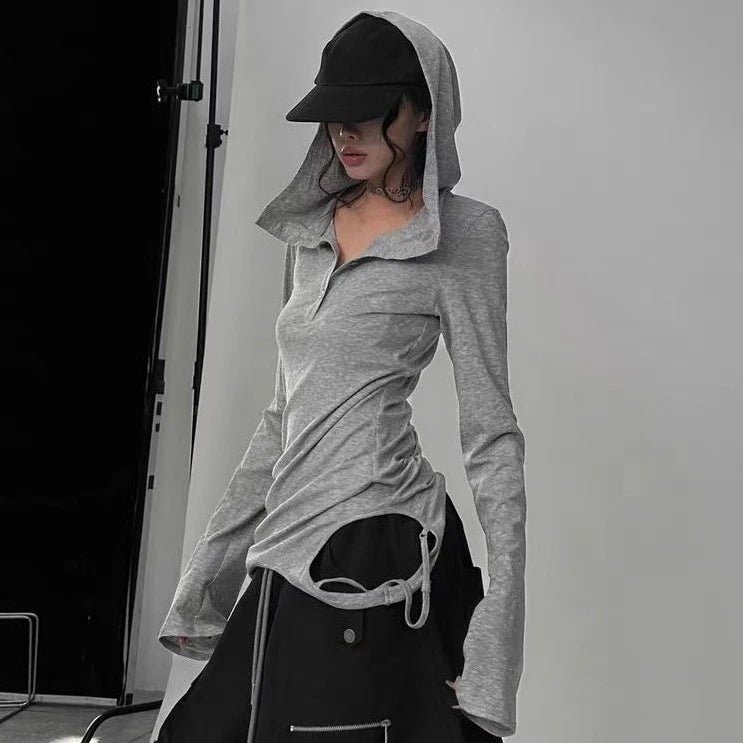 Y2k Aesthetic Hole Hooded T-shirt Women Harajuku Gothic Punk Vintage Button Sexy Tshirts Streetwear Grunge Slim Fit Fairy Tees
