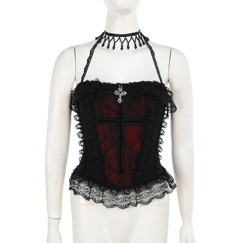 2025 Gothic Women Crop Top Skeleton Printed Black Corset Tops Sexy Aesthetic Grunge Fairy Core 90s Camisole Y2K Clothes
