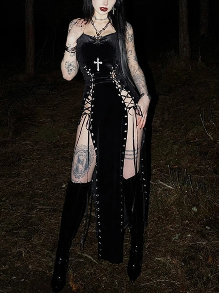 AltGoth Gothic Dark Velvet Dress Women Sexy Streetwear Y2k E-girl Harajuku Grunge High Waist Split Lace-up Party Dress Female