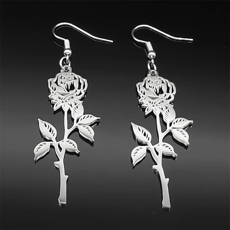 Gothic Rose Flower Long Hoop Earrings For Women Men Stainless Steel Black Silver Color Plant Earring Couple Jewelry Gift