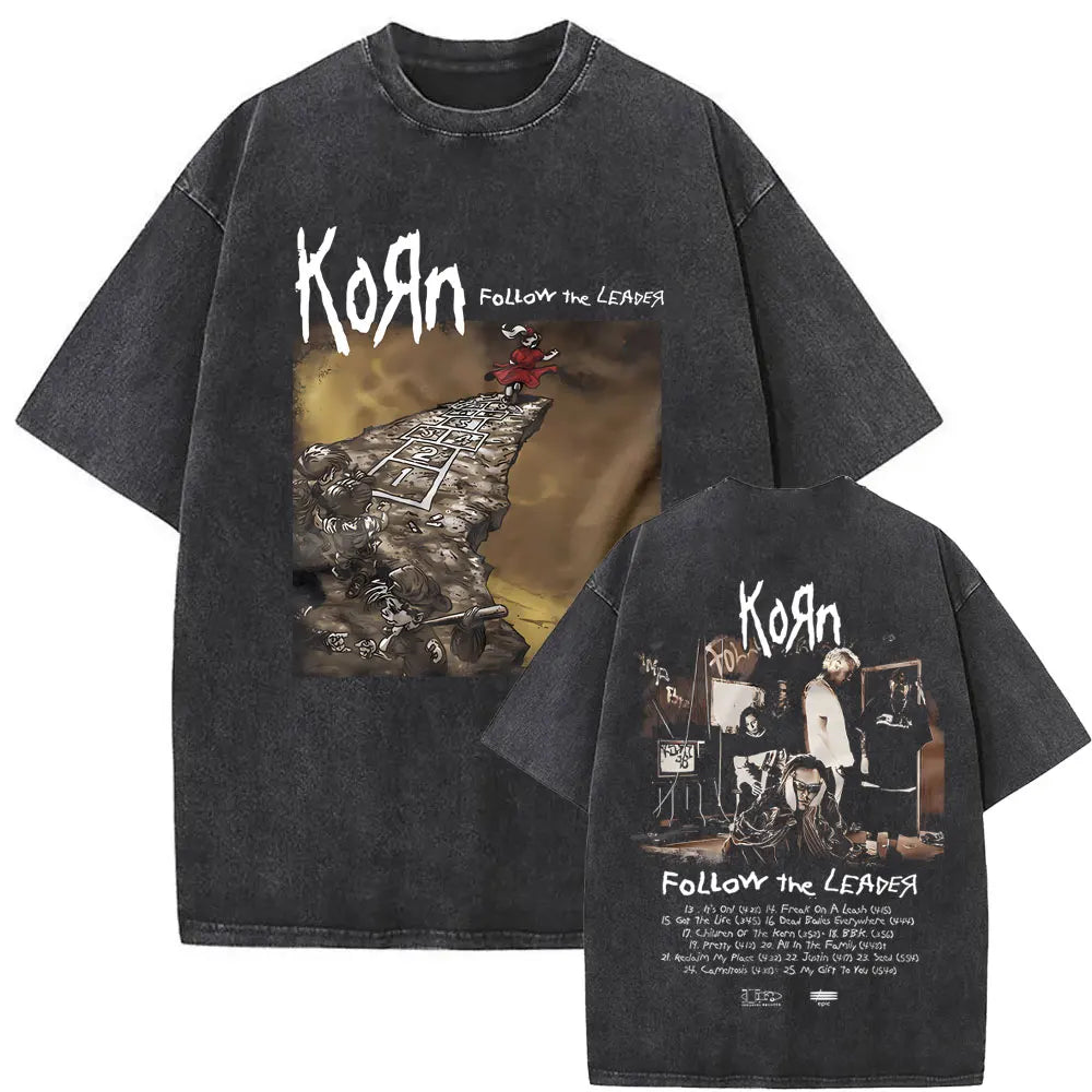 New Washed Vintage Alternative Nu Metal Rock Band Korn Print Tshirt Men Oversized T-shirts Male Fashion T Shirts Y2k Streetwear