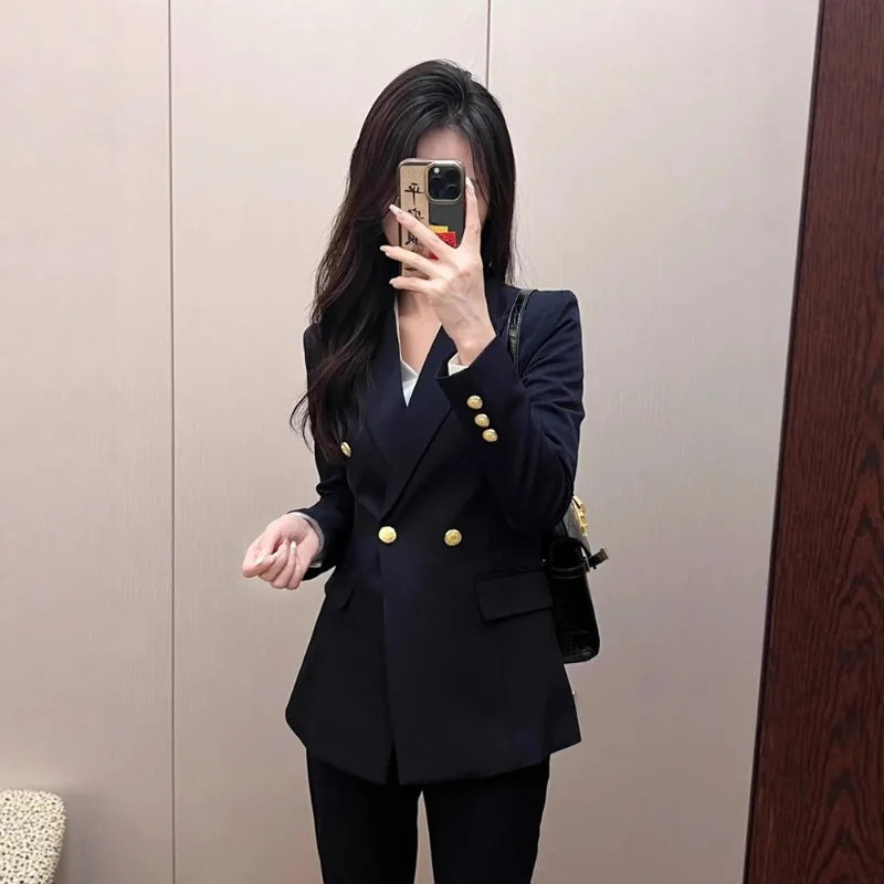 Elegant Business Office 2 PCS Set Female Slim Blazer Outfits Sets 2026 Women's Lapel Button Coat Jacket + Pencil Pants Suit Sets