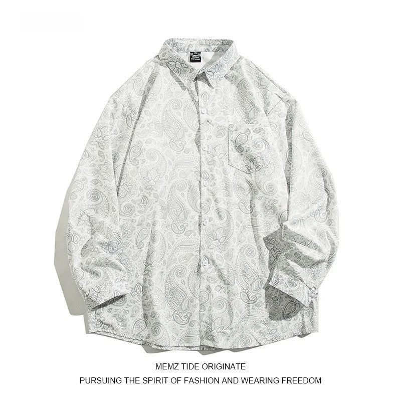 Memz High Street Long Sleeve Loose Fit Men's Shirt Hong Kong Style Square Collar Versatile Fashionable Printed Texture Design