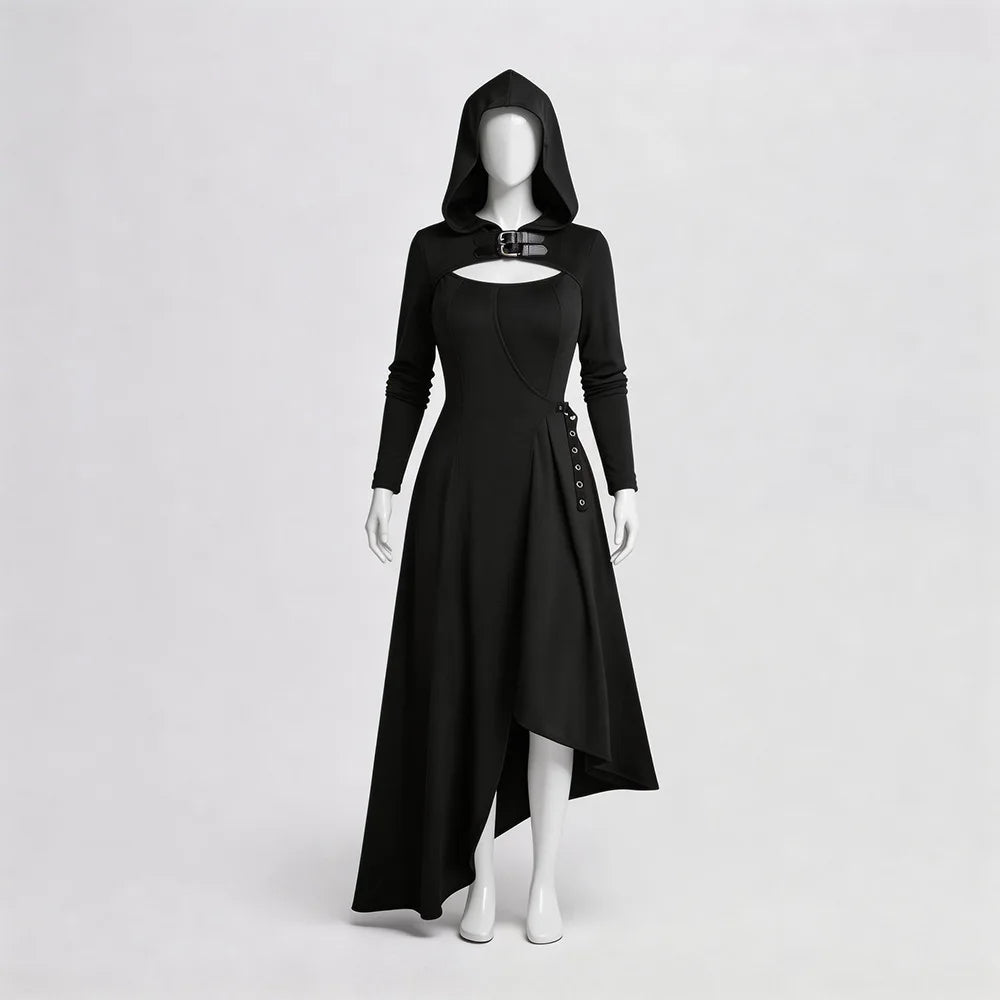 Gothic Hoode Long Dress Women Witch Corset Asymmetrical Hem Dress Punk Style Leather collar Gown Halloween Qeen Stage Costumes
