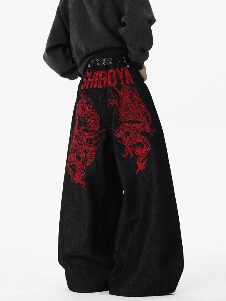 2026 American Retro Y2K Style Red Dragon Embroidery Baggy Jeans Pants For Men Clothing Straight Denim Trousers Pantalon Hombre