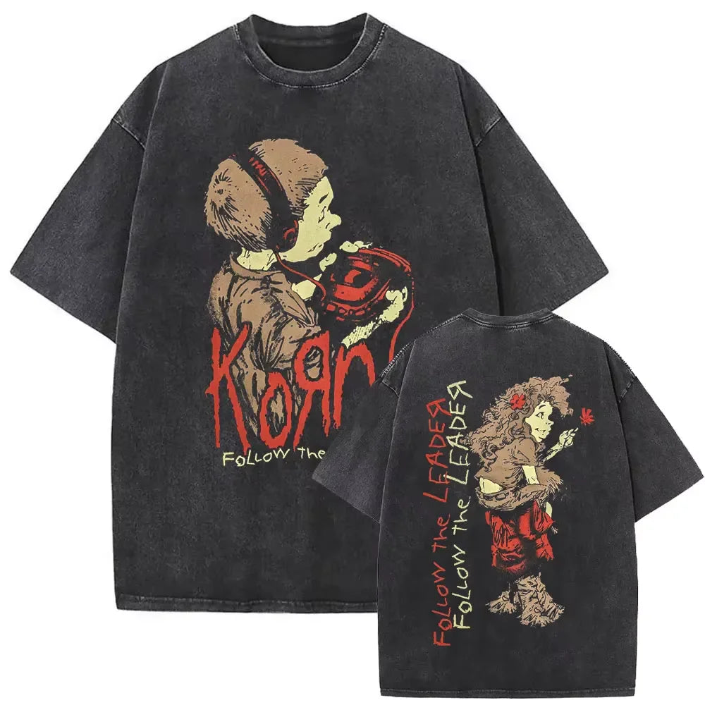 New Washed Vintage Alternative Nu Metal Rock Band Korn Print Tshirt Men Oversized T-shirts Male Fashion T Shirts Y2k Streetwear