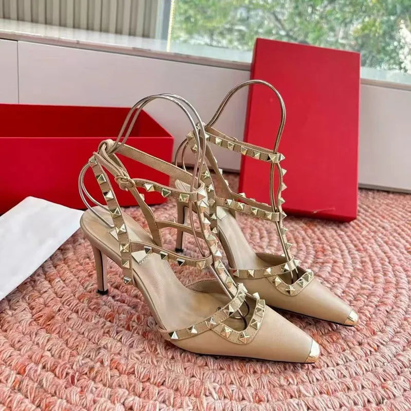 Summer Fashion Square toe Rivet Women Pumps Sexy Narrow Band Mary Janes Slingbacks High heels Chic Party Dress Sandals Shoes