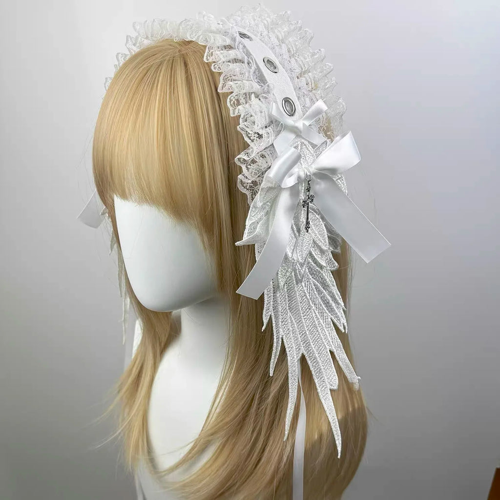 Gothic Lolita Angel Wings Headband Wide Ruffle Lace Cosplay Headwear New White Black Lace Flounce Fold Bowknot Hair Accessories