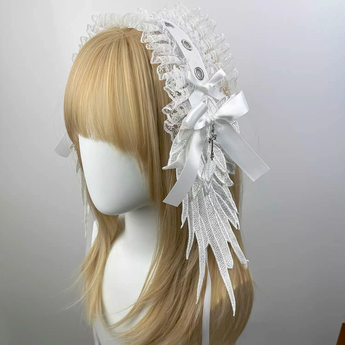 Gothic Lolita Angel Wings Headband Wide Ruffle Lace Cosplay Headwear New White Black Lace Flounce Fold Bowknot Hair Accessories