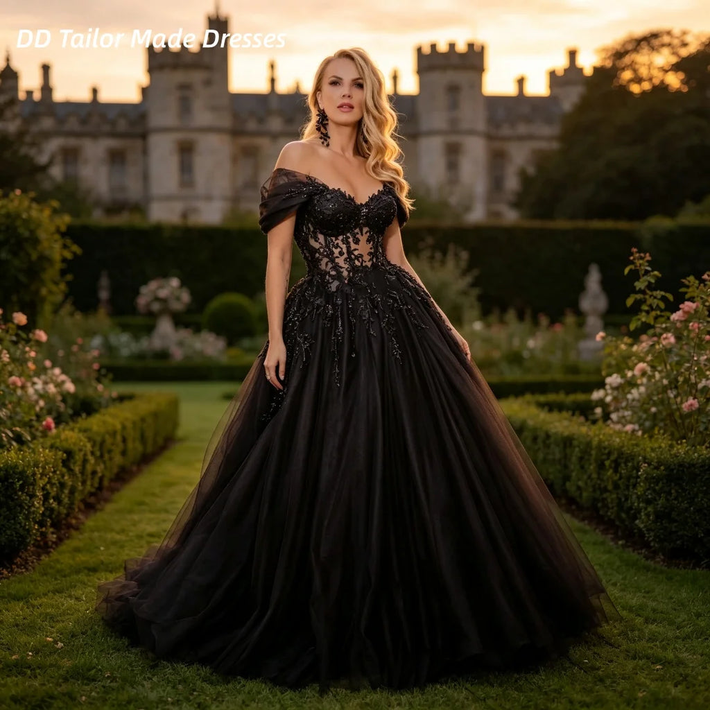 Gothic Black Wedding Dress Off The Shoulder Sweetheart Sheer Lace Beaded Tulle Long Elegant Vintage Bridal Gown Customized