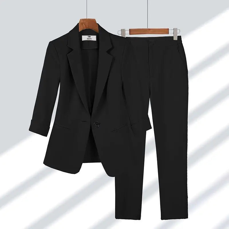 Elegant Women's Pants Set Office Outfits Business Clothing Summer New Thin Jacket Blazer Casual Wide Leg Pants Two Piece