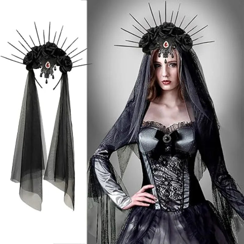 Gothic halo crown, flower headband, black veil. Sunburst Spike crown accessory for ladies Halloween costume hair accessory