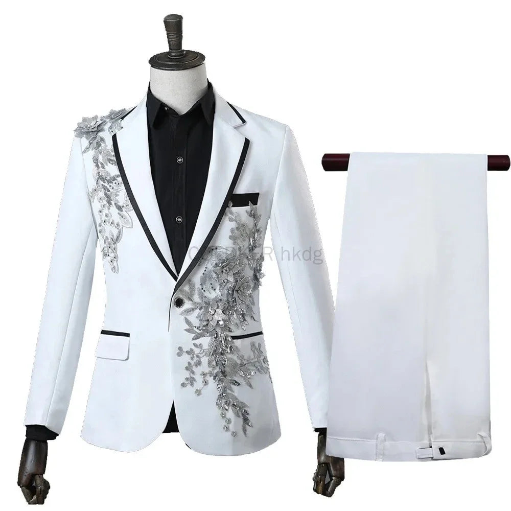 Men’s Black Suit with Silver Floral Embroidery | 2-Piece