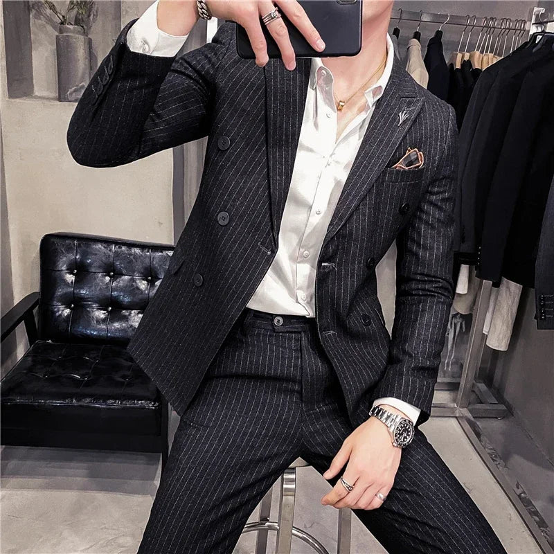 ( Blazer + Pants ) High-end Brand Formal Business Plaid Mens Suit Groom Wedding Dress Solid Color Stage Performance Tuxedo S-7XL