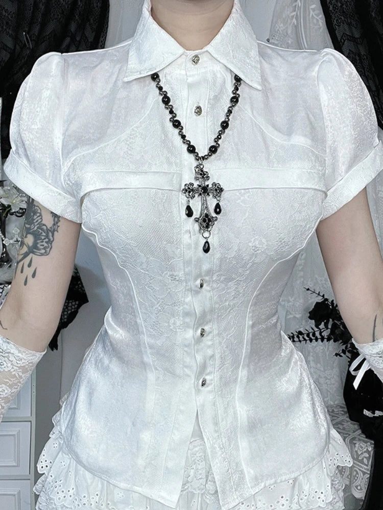 AltGoth Fairycore Grunge Gothic Shirt Women Aesthetic Vintage Cosplay Lace Patchwork Short Sleeve Blouse Kawaii Lolita Clothes