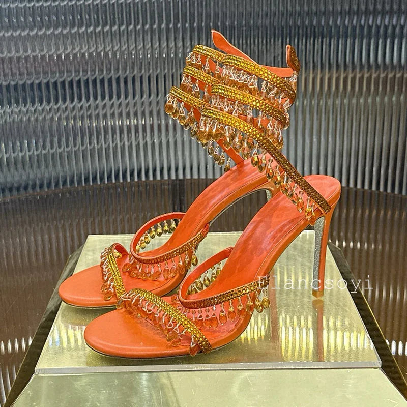 High Heels Sandals Women Shiny Crystal Pendant Ankle Snake Twine Around Prom Shoes Summer Fashion Stiletto Bohemian Sandalias