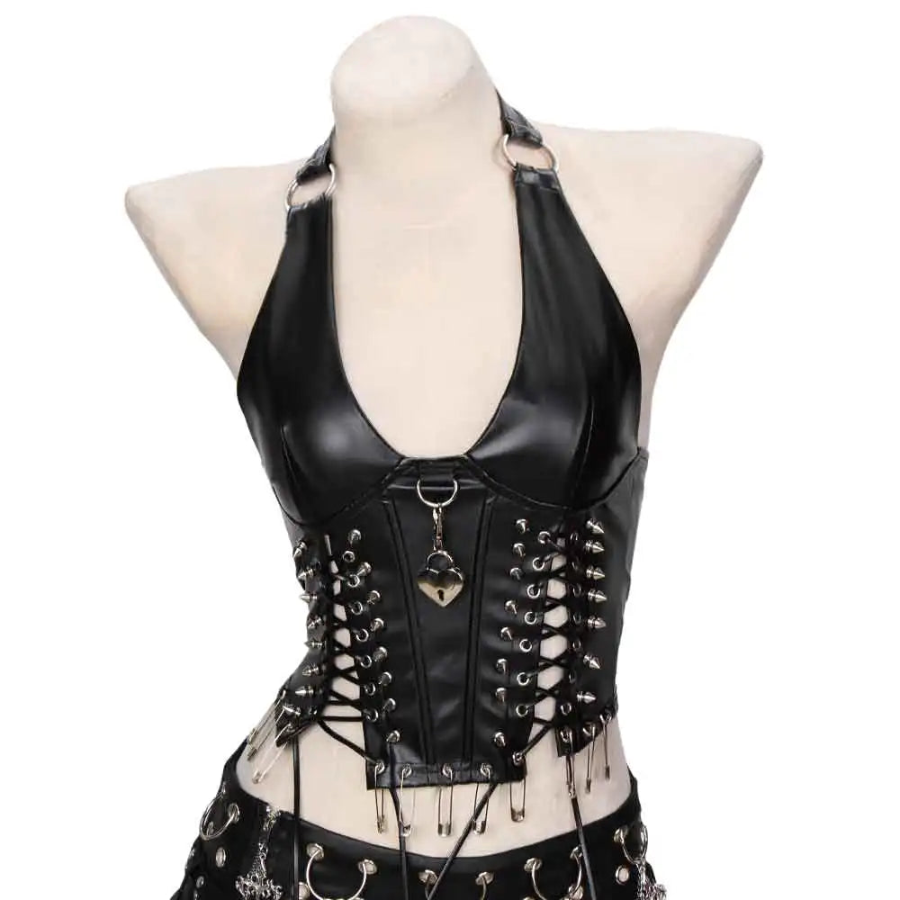 Goth Tops Festival Grunge Rave Punk Rock Clothes PU Leather Black Gothic Tank Spikes Y2K T-shirt Summer Emo Clothing Vkei