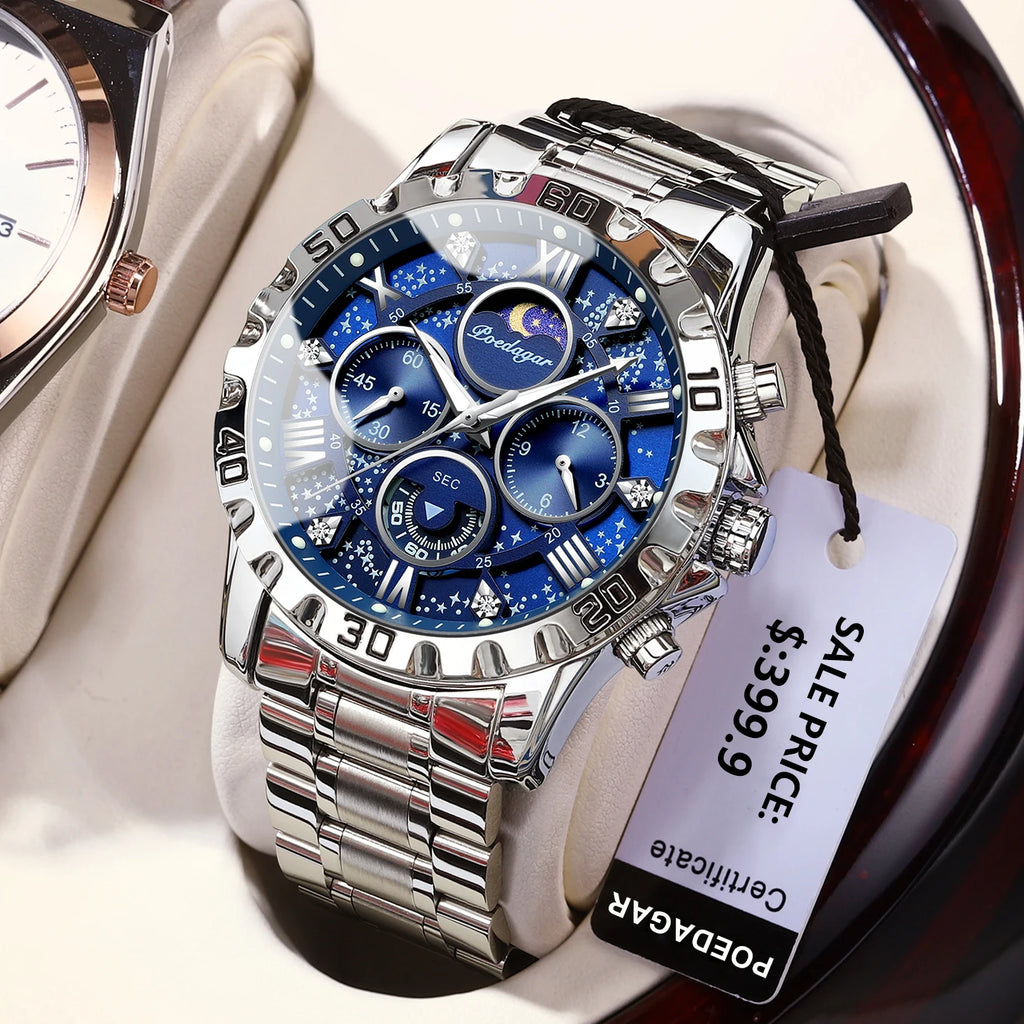 POEDAGAR Luxury Military Watches For Men Stainless Steel Quartz Waterproof Luminous Man Watch Chronograph Sport Men's Wristwatch
