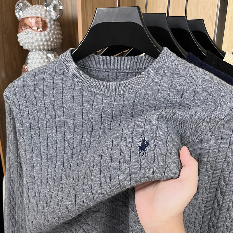 High Quality Men New Long-Sleeved Knitwear Round Neck Jacquard Solid Color Pony Embroidery Classic Fashion Hot-Selling Men'swear