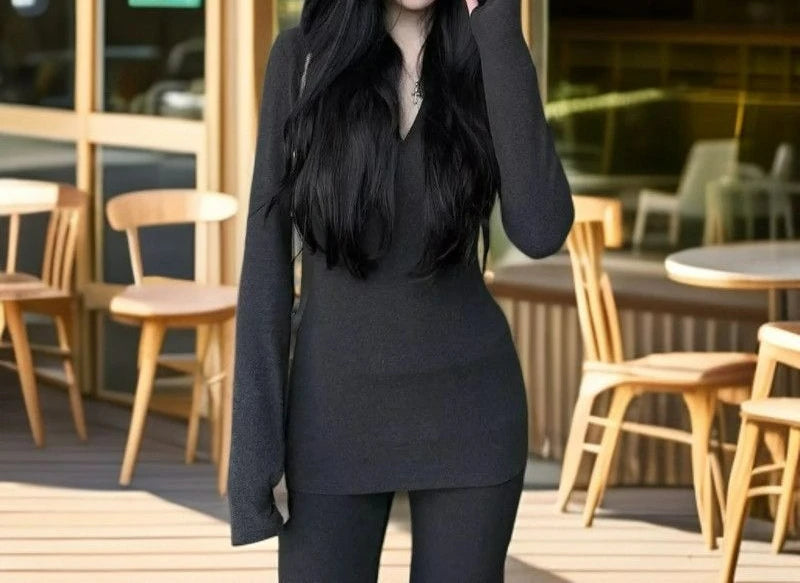 Black Premium Suit Hooded Casual Knitted Sweater Fashion High Waist Temperament Slim Top Flared Pants Two-piece Set